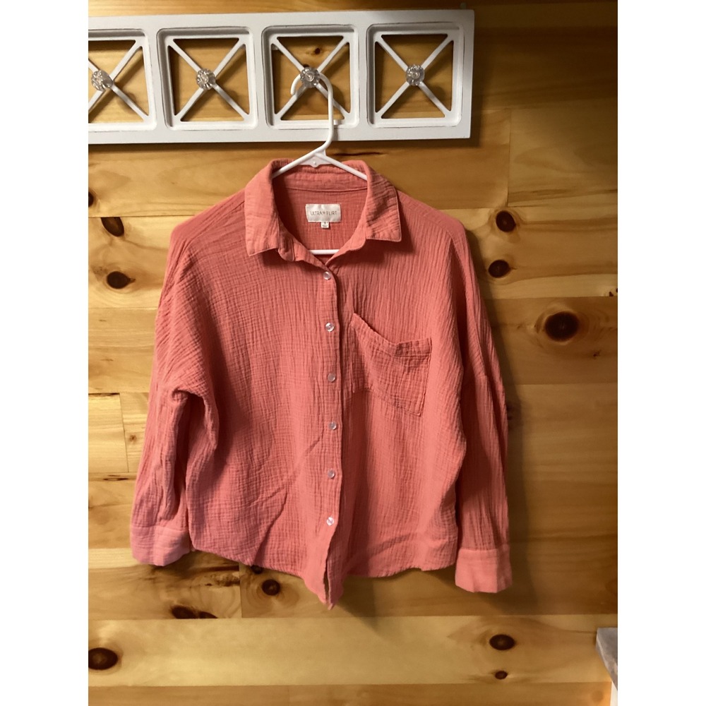 Ultra Flirt Womens Coral Pink Cotton Double Gauze Button Up Shirt Small